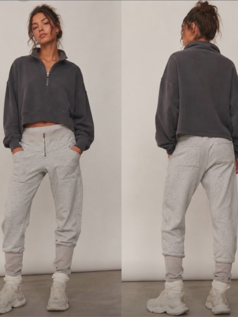 Free People Movement On The Road Pants M Gray Athleisure Edgy Jogger Zip Front